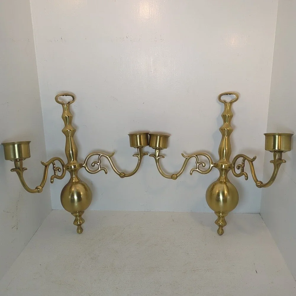 Pair Of Colonial Brass Two arms Scones Candle Holder Vintage